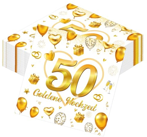 Afritee 50. Goldene Hochzeit Servietten, 40 Stück Goldene Hochzeit Deko Papierservietten, 50. Hochzeitstag Partei Tischdeko Tischdekoration, Geschenke Golden Hochzeit Eltern, 16.5x16.5cm