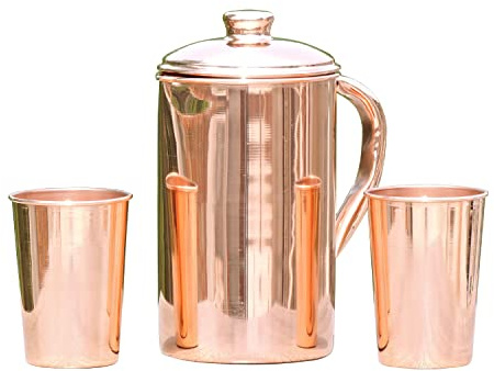 Ancient Impex Krug aus reinem Kupfer mit zwei Kupfertassen zum Aufbewahren und Trinken von Wasser, Ayurvedisches Reines Kupfer-Kännchen, Fassungsvermögen 57 ml passendem Deckel passenden Bechern