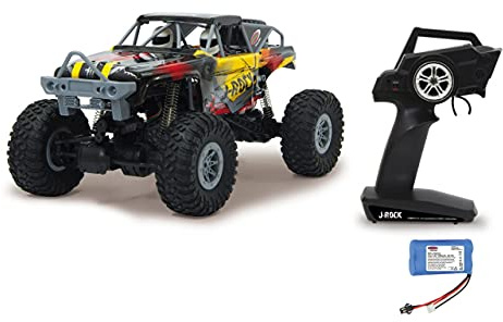 JAMARA 410113 - J-Rock Crawler 1:10 4WD Li-Ion - gesperrte und vom Chassis entkoppelte Achsen, gefedertes Fahrwerk, Spur einstellbar, 2 Antriebsmotoren, Gummibereifung, Extreme Verschränkungsfähigkeit