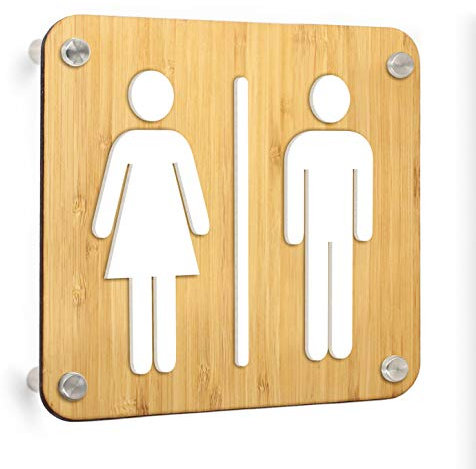 3DP Signs [STAN08-Blanc] Set de 4 plaques murales avec séparateurs en relief (espagnol/anglais) : toilettes, homme, femme, handicapé, panneau de salle de bain. Plaque WC murale pour WC et porte.