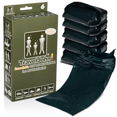 TravelJohn Adventurer Resealable Disposable Urinal – Leak-Proof, Hygienic & Odorless for All Genders & Ages – Disposable Urine Bags for Travel, Emergency, Camping & Car Road Trips – 6 Pack (TJ1C–C)