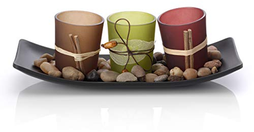 Artis Set of 3 Tea Light Votive Glass Candle Holders with Tray and Decorative Pebbles – Nature Zen Design, Tealights not included