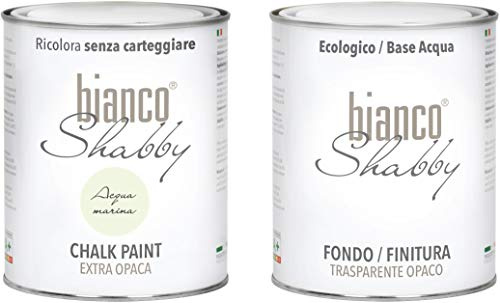 CHALK PAINT Acqua Marina & FINITURA - Pittura Shabby Chic EXTRA OPACA (1 litro) + Finitura Trasparente Opaco (1 litro)
