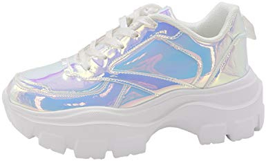 LUCKY STEP Women 90S Chunky Platform Reflective Sneakers - White Hologram Casual Lace-Up Walking Dad Sneakers(White Hologram,7 B(M) US)