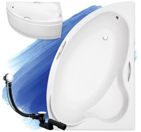BADLAND Badewanne Original Weiß Acryl Wanne Eckbadewanne ADA 140x90 Rechts KOMPLETTSET SET mit Weiß Acrylschürze + Füßen und Exklusive Chrom Automatik Ablaufgarnitur Made in EU 4in1