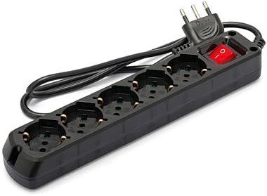 VELAMP - Ciabatta Multipresa Piatta a Presa Multipla (5 Prese Schuko e 10/16A) - Ciabatta Elettrica Multipresa con Spina Grande 16A, Cavo Lungo 1m, Interruttore Luminoso, Prese Sicure - Nero