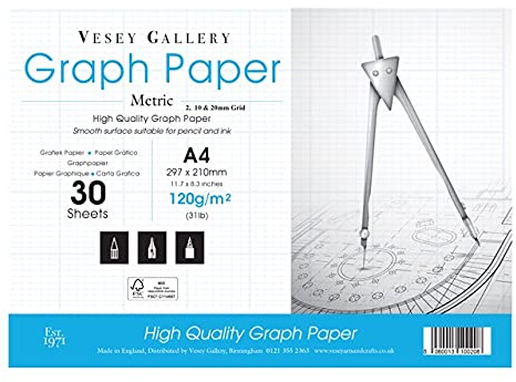 Vesey Gallery Graph Paper Pad. Metric Scale. 2,10, 20mm Grid. 120gsm Paper. 30 Sheets. Sized A4 or A3 (A4 (297x210mm))