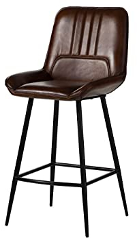MASSIVMOEBEL24.DE | Iron Label Barstuhl aus Echtleder #116 | aus echtem Büffel-Leder in Braun | 52x57x108 cm | 4 konische Beine aus Eisen | Barhocker Lederstuhl