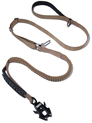 TXZWJZ Taktische Hundeleine Bungee Frosch Clip Hundeleine Heavy Duty mit Auto-Sicherheitsgurt gepolsterter Griff und reflektierenden Fäden für mittelgroße und große Hunde, 1,5 m, Braun
