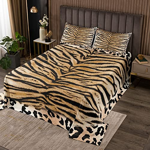 Homewish Tiger Gesteppte Tagesdecke mit Geparden Print 240 x 260 cm für Kinder Jungen Mädchen Teenager braun Safari Leopard Tagesdecke Wildtier Steppdecke schwarzes Streifen Dekor mit 2 Kissenbezüge