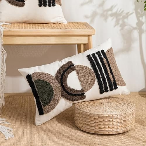 ATMACA Cojines Sofas Cubierta De Cojín De Bordado Geométrico Beige Cubierta De Almohada Étnica Boho con Pompom 45X45Cm/ 30X50Cm Decoración del Hogar-Q 30X50Cm