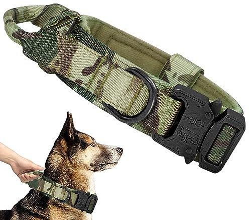 Ceboic Taktisches Hundehalsband, Weich Gepolstertes Verstellbare Nylon Hundehalsband mit Kontrollgriff Metallschnalle für Mittlere Große Hunde Jagd Training Freizeit Outdoor (Camouflage, L)