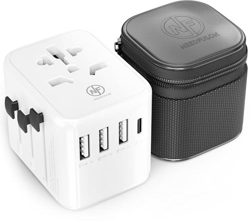 NEEDFULON Worldwide Universal Travel Plug Adapter with 3 USB A + 1 USB C, Dual 10A Fuses | All-in-One Compact Socket Charger | zipper pouch | International Adaptor for UK, USA, EU, AUS, 200+ Countries