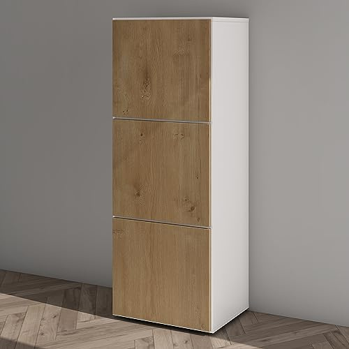 Mai & Mai Armoire à Chaussures Commode Entrée Blanc Mat + Marron Clair | Meuble de Rangement à Chaussure, Commode à Chaussures, avec 3 Compartiments, Range-Chaussures, 45x36x120cm, ACH2
