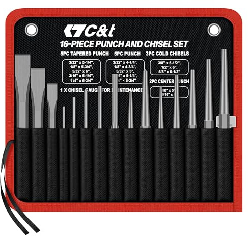 C&T 16-Piece Punch and Chisel Set with Storage Pouch, Including Taper Punch, Cold Chisels, Pin, Center Punch, Chrome Vanadium Steel