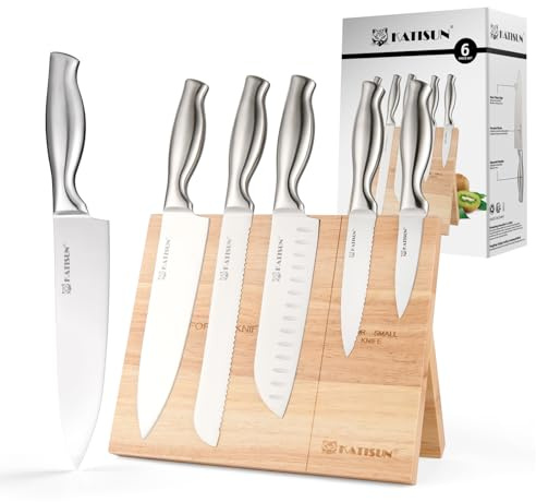 KATISUN Messerset, Messerblockset 6 Stück, Japanischer Stahl 420j2 Messerset mit polierten Griffen für Komfort und Haltbarkeit,Küchenmesser Knife Holder mit Starkem Magnet，Rutschfest