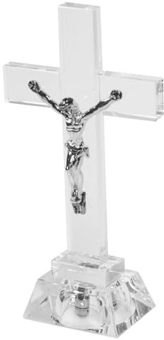 IMIKEYA Kristall Kreuz Stehend, Jesus Kreuz mit Licht Kruzifix Statue Betende Religiöse Figur Katholisches Stehend Ornament Heiliges Kristall Tischplatte Heimdekoration