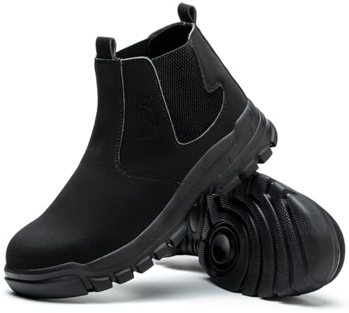 Micoklinlin Scarpe da lavoro da uomo, impermeabili, slip-on, di sicurezza per saldatore, stivali Chelsea resistenti agli urti e ai punti, Nero , 42 EU