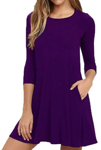 Anelune Women's A-line Tshirt Dress with Pockets, 3/4 Long Sleeve, Knee Length, Round Neck, Autumn Casual Wear Purple