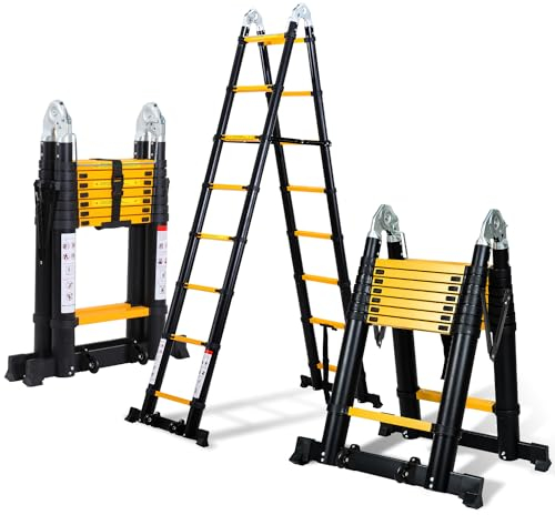 Fiqops Échelle télescopique Pliante en Aluminium 5 m - avec Doubles roulettes Amovibles - Charge maximale 150 kg - Multifonction - Antidérapante - Noir et Jaune