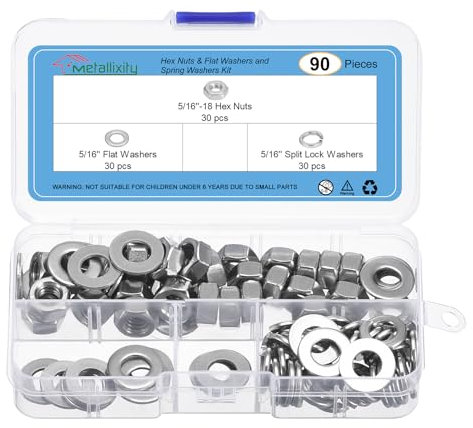METALLIXITY Hex Nuts Assortment Kit (5/16-18 Hex Nuts with 5/16 Flat Washers & Split Lock Washers) 90Pcs, 304 Stainless Steel Hexagon Nut Hardware Kit