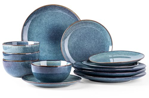 AmorArc Keramik-Geschirr-Sets für 4, 12-teiliges handbemaltes Teller- und Schüssel-Set, kratzfestes Steingut-Geschirr-Set, spülmaschinen- und mikrowellengeeignet, Ceylonblau
