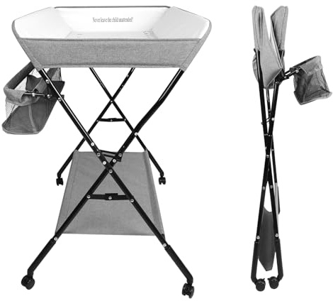 Wickeltisch, faltbar, Wickeltisch mit Aufbewahrungskorb, Sicherheitsgurt und 4 Rollen mit Bremse, höhenverstellbar, wasserdichtes PVC und Oxford-Gewebe, 81 x 61 x 98-104 cm (B,Grau)