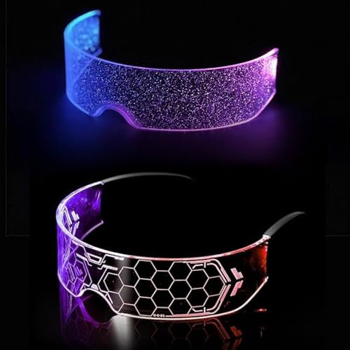 Yomaido Cyberpunk Brille, LED Visierbrille für futuristische Party, 7 Farben, LED Leuchtbrille, Neonbrille für Festival, Bar, Club, Party, gemischte Farben und Waben, 2 Stück