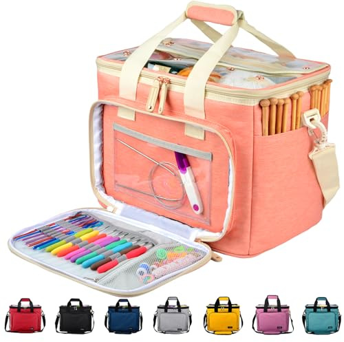 Hoshin Knitting Bag for Yarn Storage, Portable Crochet Tote Bag Yarn Organizer for Crochet Patterns and Hooks, Needles, Skeins of Yarn-Enjoy Knitting/Crocheting Anywhere (Pink)