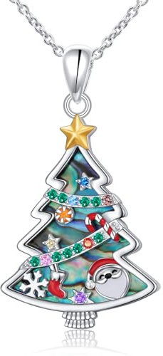 Flyow Halskette mit Weihnachtsbaum-Anhänger für Damen, S925 Sterling Silber, Abalone, Weihnachtsbaum mit Weihnachtsmann-Stern, Weihnachtsschmuck