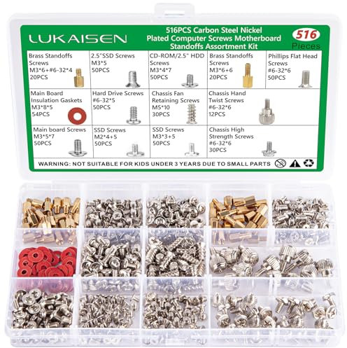 516 PCS Computer Screws Assortment Kit, 6-32 Male to M3 Female Carbon Steel Nickel Plated Motherboard Standoffs Screws for 2.5''SSD Hard Drive Fan Power Graphics Chassis CD-ROM Computer ATX Case