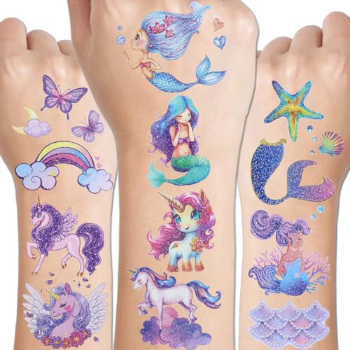 CHARLENT 12 Bögen Glitzer Einhorn Meerjungfrau Temporäre Tattoos Mädchen | Funkelnde Meerjungfrau und Einhorn Tattoos für Mädchen, ideal als Geburtstagsgeschenke, Party-Mitgebsel und Goodie-Bag-Füller