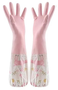 UALXPAO Cleaning Gloves Dishwashing Gloves Single Layer Household Chore Splicing Sleeve Waterproof Gloves Plush Elastic Band Mouth Rubber Gloves(Pink,78 * 92cm)