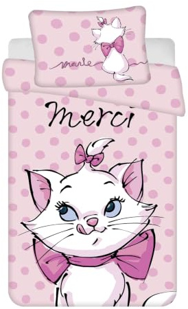 Jerry Fabrics Marie Aristocats Sängkläder för baby, 100 % bomull, 'Merci' Design spjälsängs påslakan 100 x 135 cm och örngott 40 x 60 cm, rosa