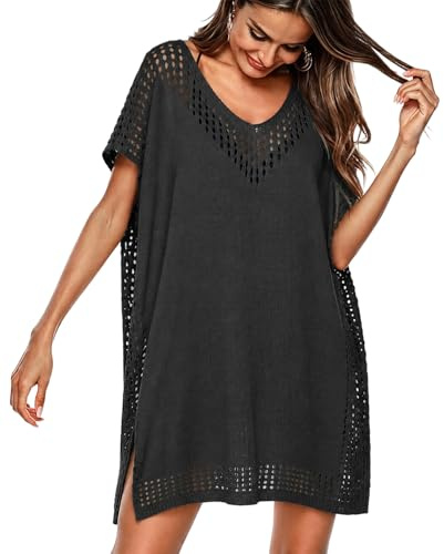 JFAN Robe de Plage Femme Ete Crochet V-Cou Cache Maillot de Bain Femme Plage Bikini Cover Up Noir