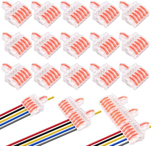 15 Pezzi Connettori Elettrici Rapidi, 1 su 5 Fuori Morsetti Elettrici Rapidi con Leva, Connettori per Cavi Elettrici Combinabile, Morsettiere Elettriche per Cavi Flessibili e Rigidi Collegamento