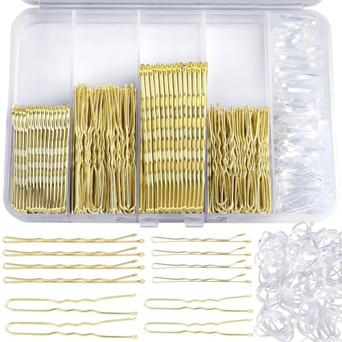 500 Stück Haarnadeln Klein Bobby Pins Set Haarklammern U-förmige Haarnadeln 2inch 2.36inch, Hair Pins 2inch 2.75inch, Durchsichtige Haargummi mit Aufbewahrungsbox für Frauen Mädchen(Gold)