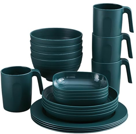BSTMOME 20PCS Plastic Dinnerware Sets, Unbreakable and Reusable Light Weight Plates Mugs Bowls Dishes Easy to Clean, Great for Home, Garden, Picnic, Camping, Outdoor (Dark-Green)