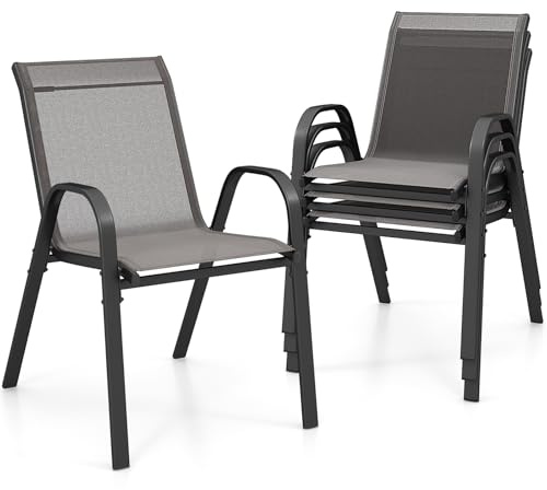 GIANTEX 2er Set Gartenstühle Stapelbar, Balkonstühle aus Textilene & Metall, Stapelstühle Hochlehner mit Armlehnen, Terrassenstühle Outdoor belastbar bis 150 kg (4, Grau, 56x70x84 cm)