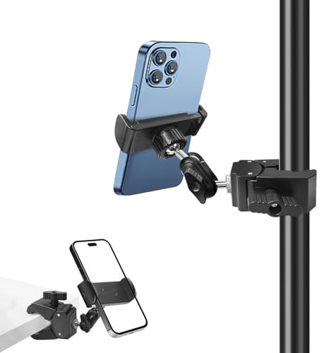 Phone Holder for Mic Stand, Treadmill, Spin Bike, Stroller, Adjustable Clamp on Phone Holder for Microphone Stand, Desk Pipe Pole Clamp Phone Mount Stands for iPhone Samsung All Smartphones (Standard)