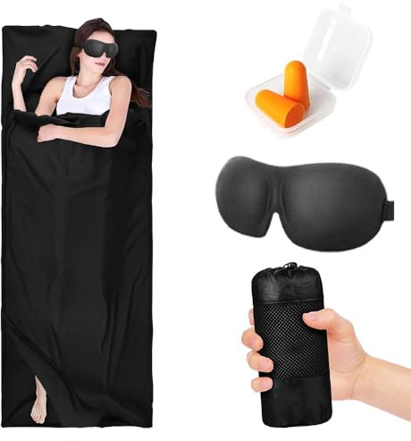 YANGUN Hüttenschlafsack, 2 In1 Schlafsack Ultraleicht Mit Schlafende Augenmaske Und Ohrstöpsel, Schlafsack Baumwolle Mit L-förmigem Reißverschluss, Für Rucksackreise, Hotels Und Camping(90 x 220cm)
