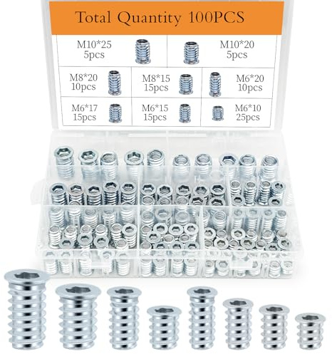 100 Pieces Mixed Pack Threaded Inserts for Wood, M6/M8/M10 Threaded Inserts, Insert Nuts, Insert for Wooden Furniture