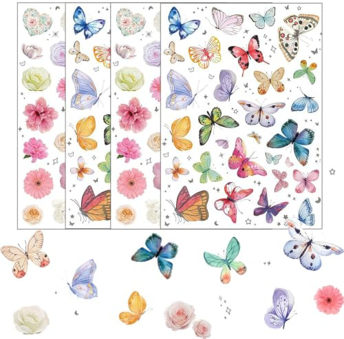 Canollo 4 Blätter Sticker Blumen und Schmetterlinge, 126 Stück | Stickers Kinder Erwachsene, Aufkleber Blumen und Schmetterling Deko, Frühlingsthemen Scrapbook Stickers, DIY Aufkleber Set