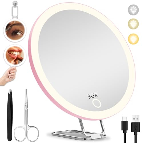 Hmggoofa 6inch 30X Magnifying Mirror with Lights, Lighted 30X Travel Makeup Magnification Mirror with 3 Suction Cups and Adjustable Tabletop Stand- Includes Tweezers & Scissors