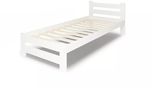 Weißes Massivholz-Bett 100% HOLZBETT -120×200 cm mit hohem Kopfteil – skandinavische Kiefer, inklusive Lattenrost (12‑Latten), hohe Rückenlehne, modern Skandi-/boho‑Stil (100x200)