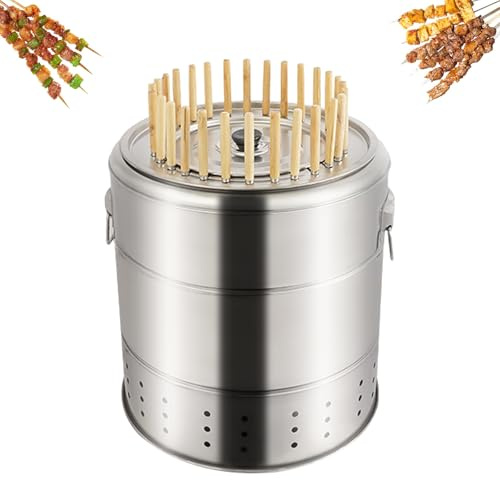 Barbecue portatile a carbonella senza fumo, in acciaio inox, da appendere, con spiedini, arrosto a 360°, per cucinare all'aperto e campeggio