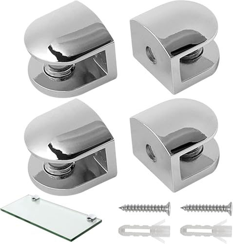 4 PCS Zinc Alloy Glass Shelf Brackets, Adjustable Wall Mounted Shelf Supports Adaptive 6-8MM Thickness Glass, Perfect for Kitchen, Bathroom, Office, Hotel, Shop (4Pcs Silver)