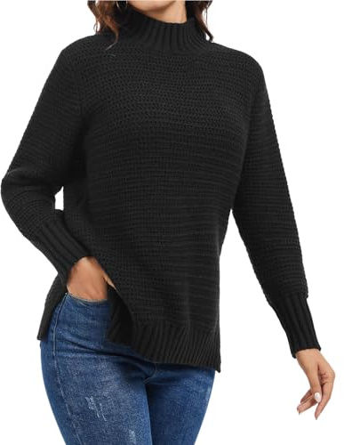 Rayson Jersey Mujer Invierno Grande Pullover Suéter con Cuello Redondo Manga Larga Casual Jersey de Punto con Abertura Lateral(Negro,L)