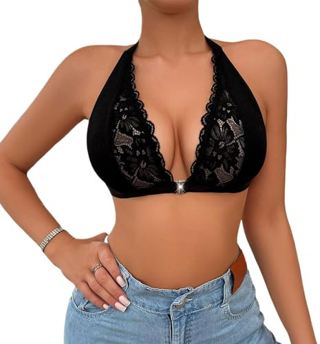 GWAWG Floral Lace Front-Fastening Halterneck Bras,Women's Low-Back Comfort Non-Wired Support Bras for Party,Gala,Singing Dancing Occasions (UK, Alpha, L, Regular, Regular, Black)