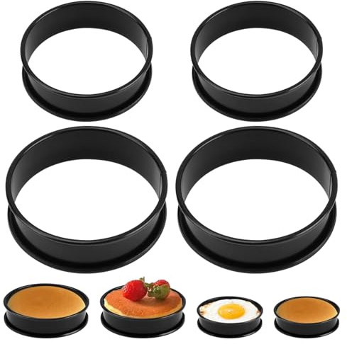 4 PCS Crumpet Rings Non Stick - Pancake Mould for Baking Egg Burger Rings Mold English Muffin Ring Egg Cooking Rings for Frying 2PCS 9 cm & 2PCS 8cm for Baking Pastry Easy to Clean Carbon Steel